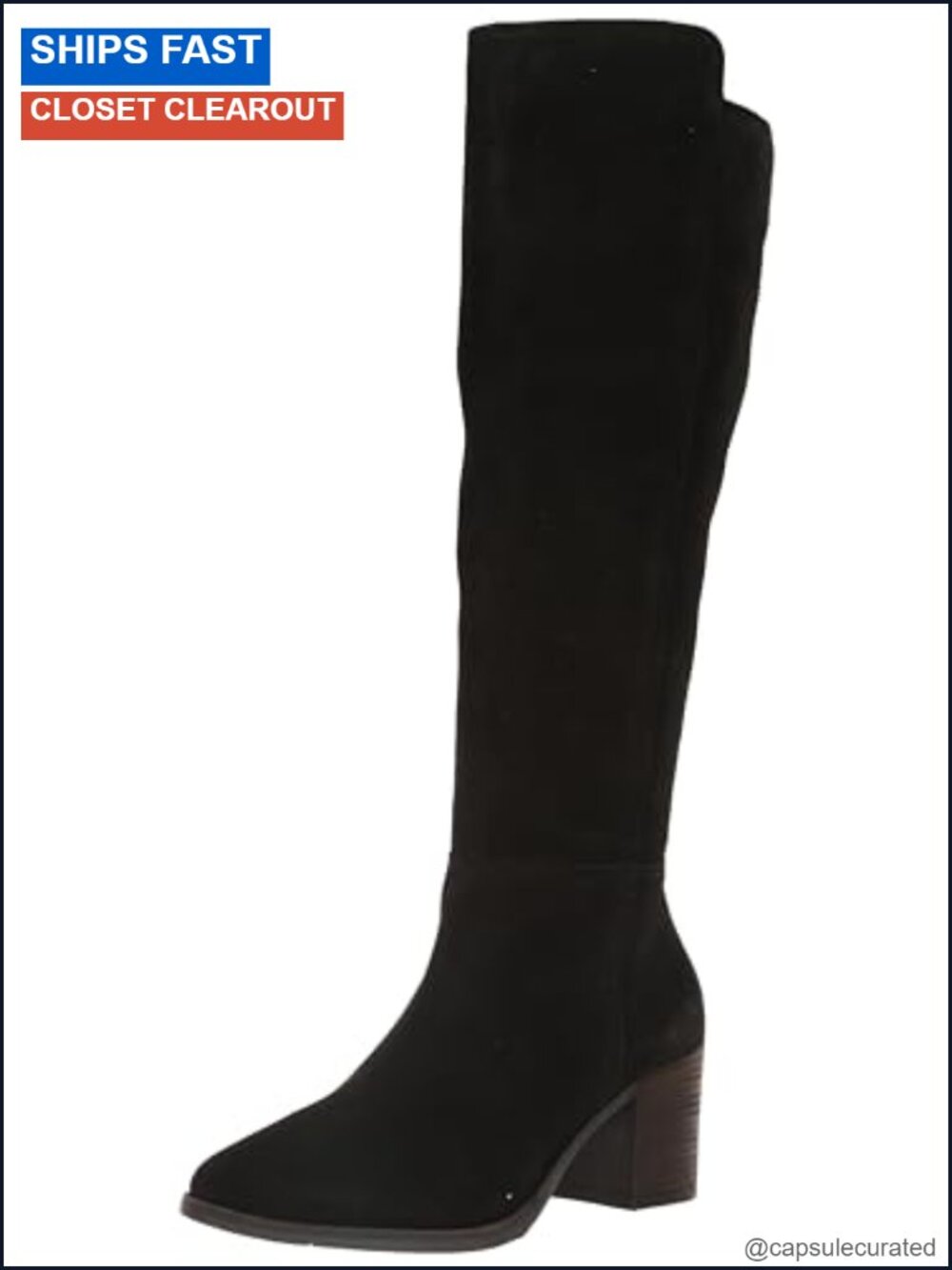 Suede Knee-High Wide Calf Boots Stacked Block Heel Almond Toe